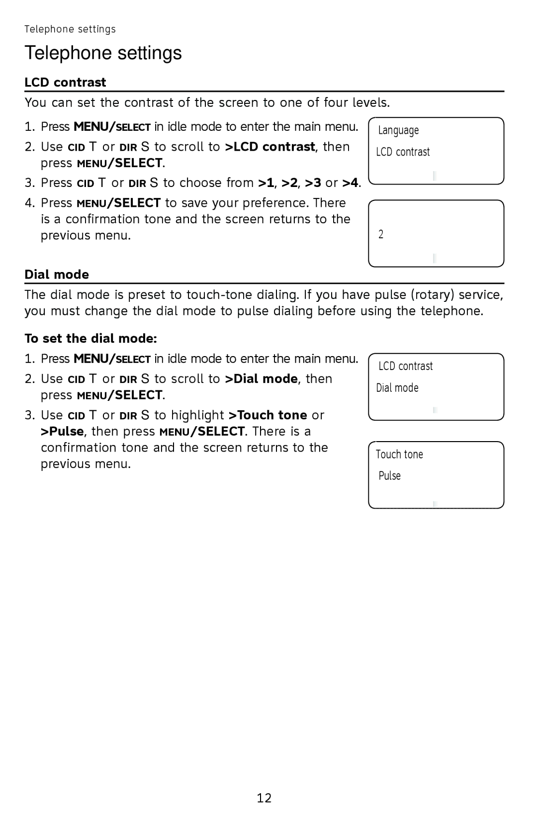 AT&T CL4940 user manual LCD contrast, Dial mode, To set the dial mode 