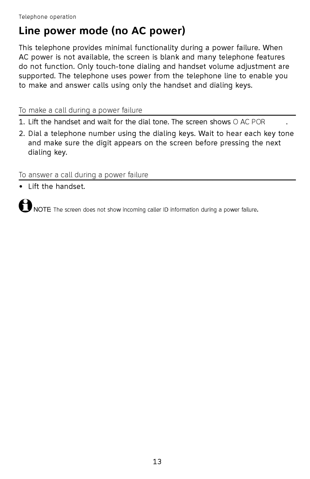 AT&T CL4940 Line power mode no AC power, To make a call during a power failure, To answer a call during a power failure 