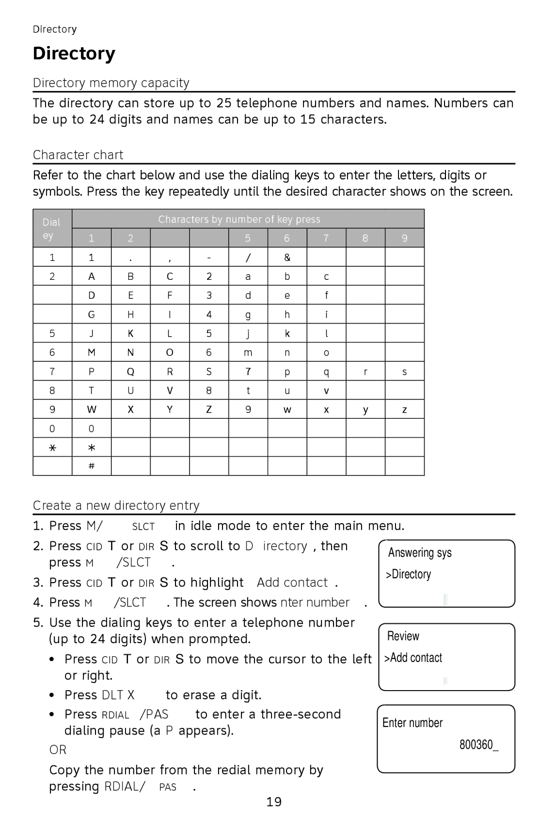 AT&T CL4940 user manual Directory memory capacity, Character chart, Create a new directory entry 