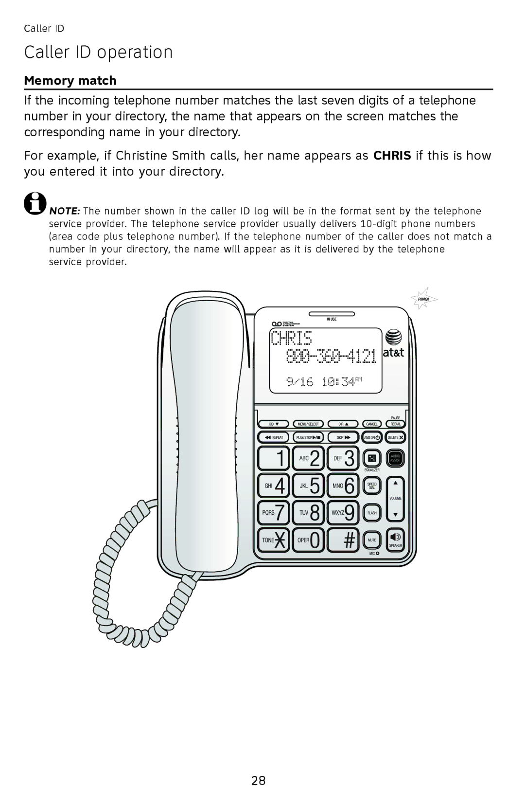 AT&T CL4940 user manual Caller ID operation, Memory match 