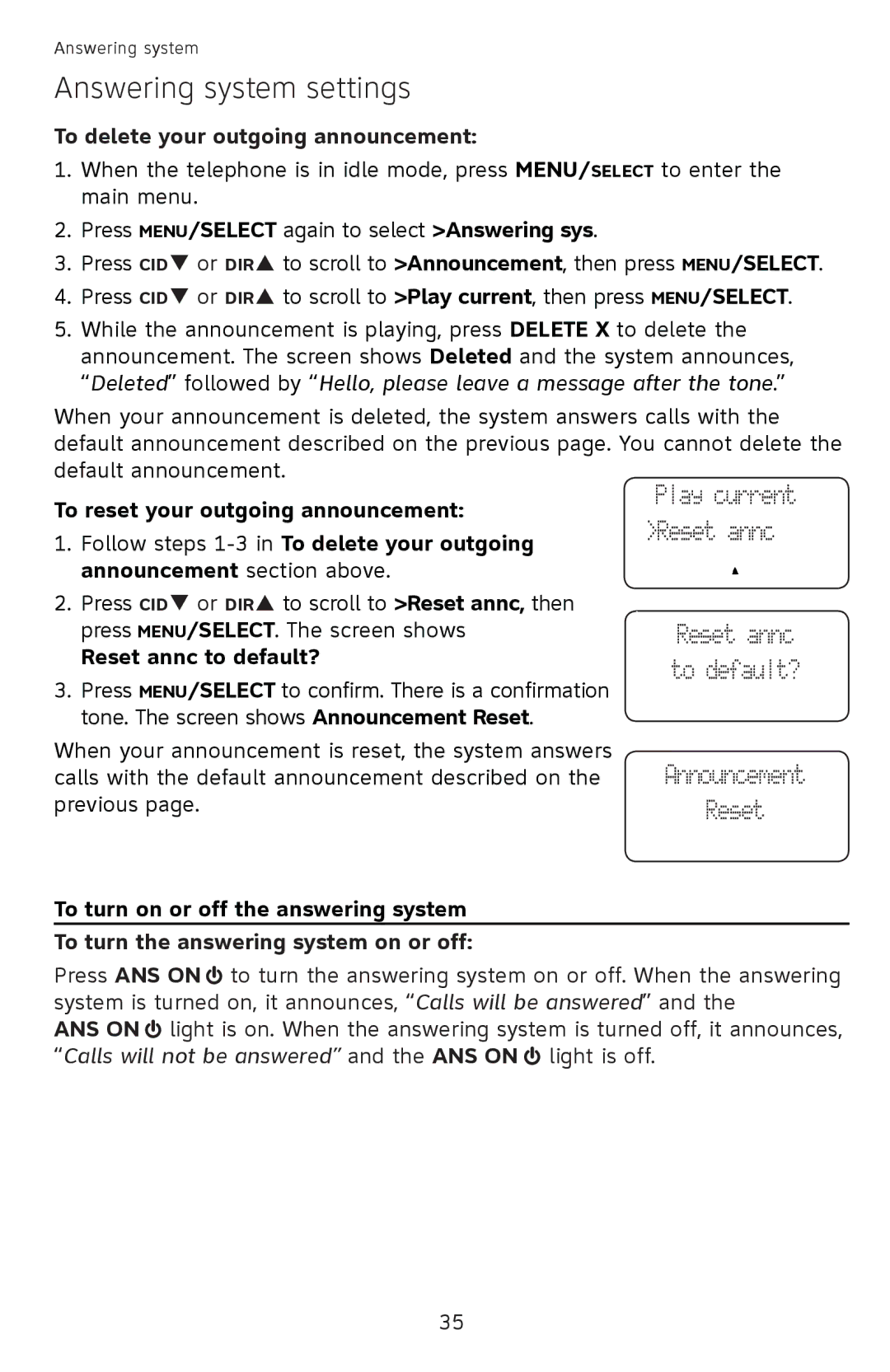 AT&T CL4940 user manual To delete your outgoing announcement, Reset annc to default? 