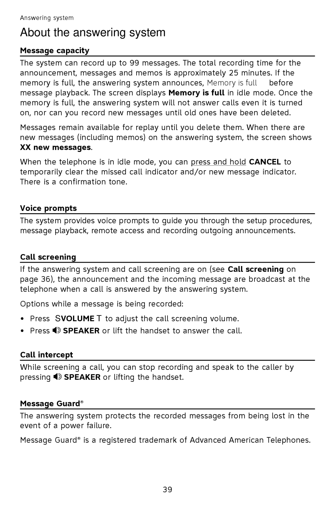 AT&T CL4940 user manual About the answering system, Message capacity, Voice prompts, Call intercept, Message Guard 