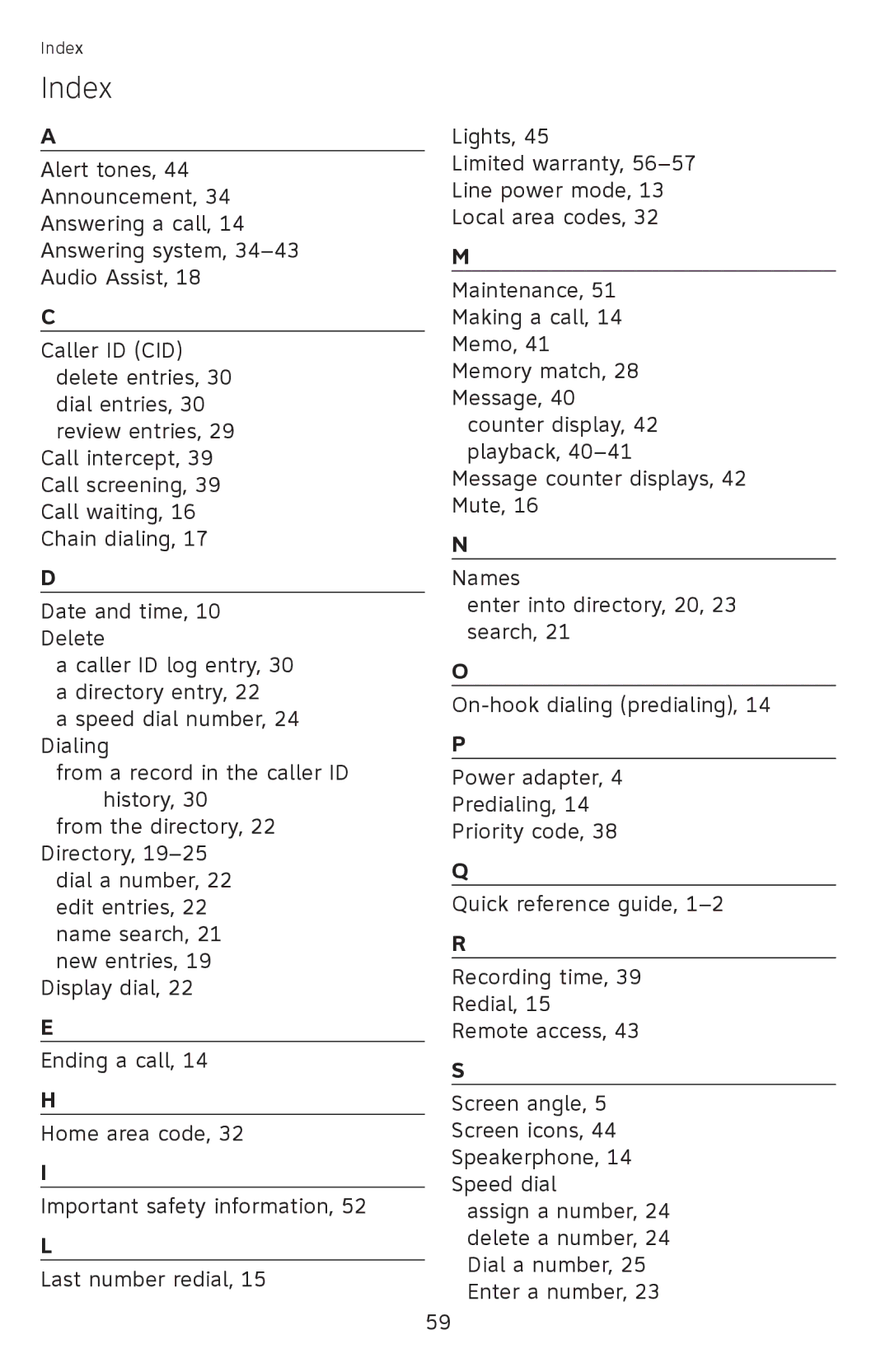 AT&T CL4940 user manual Index 