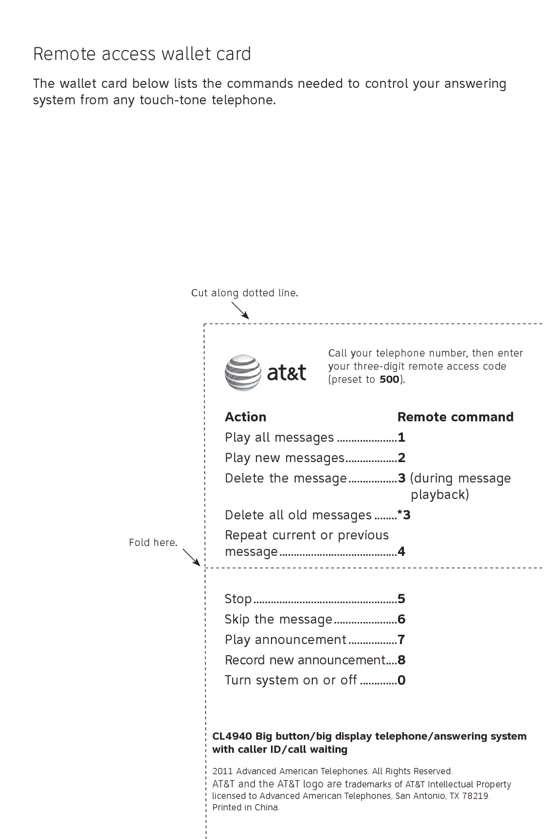 AT&T CL4940 Remote access wallet card, Action Remote command, During message, Playback, Repeat current or previous 