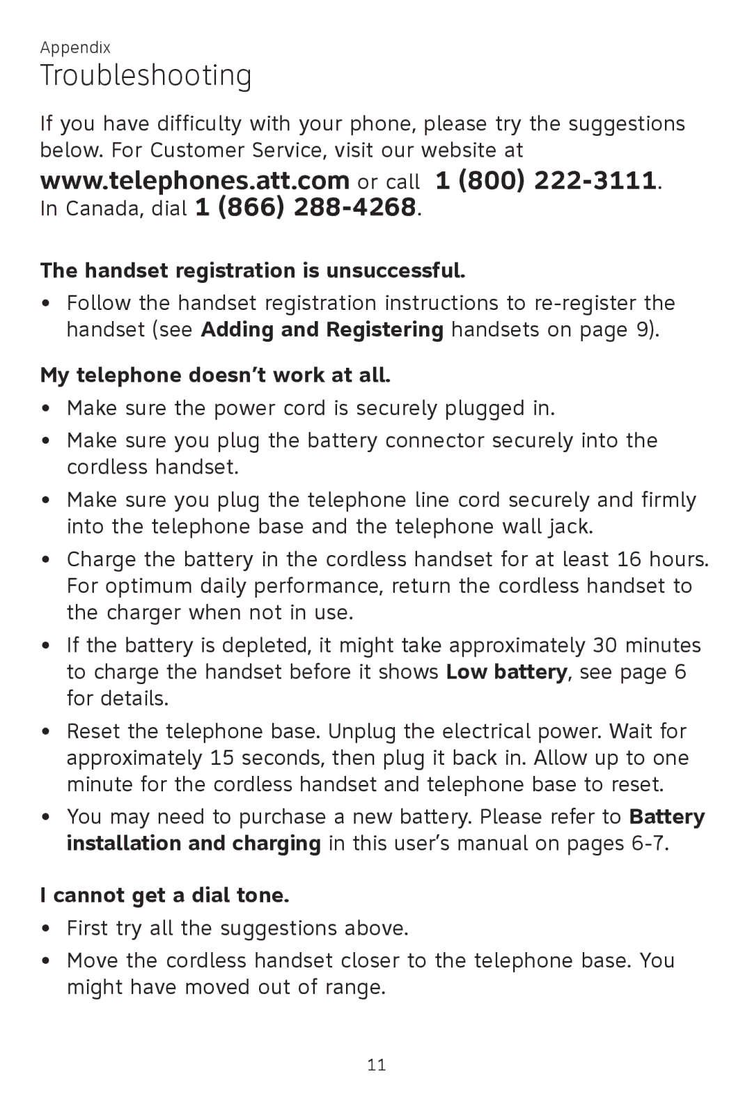 AT&T CL80100, CL81100, CL81200 Troubleshooting, Handset registration is unsuccessful, My telephone doesn’t work at all 