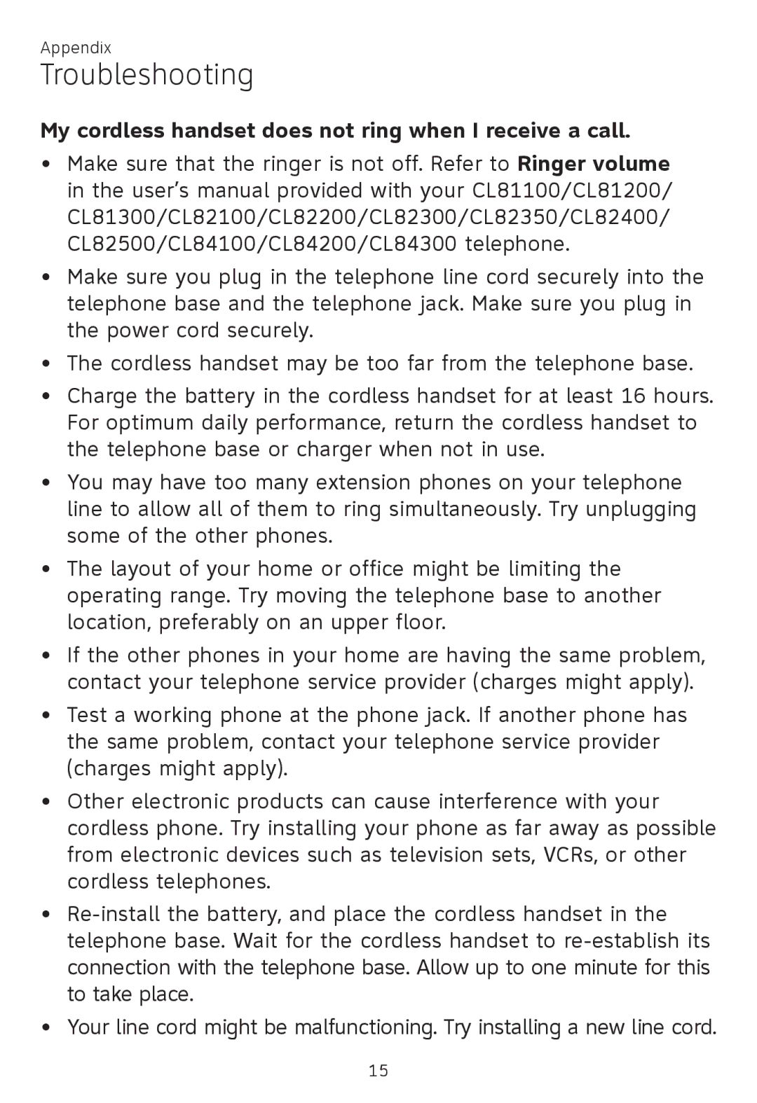 AT&T CL82300, CL80100, CL81100, CL81200, CL82100, CL82500, CL82550 My cordless handset does not ring when I receive a call 