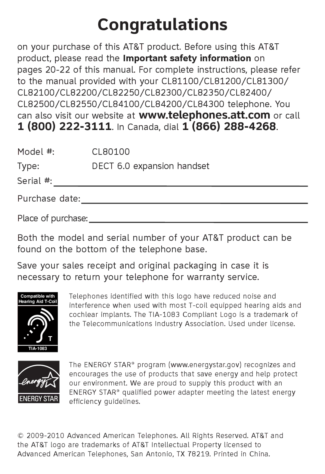 AT&T CL81200, CL80100, CL81100, CL82100, CL82300, CL82500, CL82550, CL82250, CL82400, CL81300, CL82350, CL82200 Congratulations 