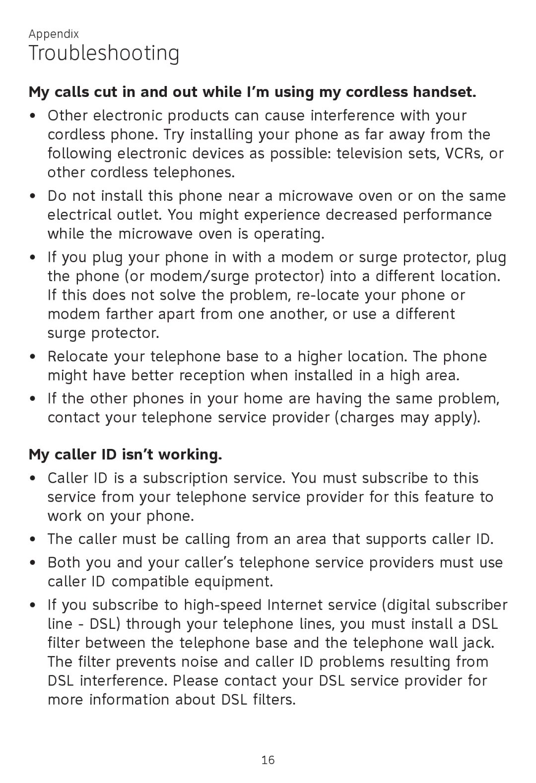 AT&T CL82500, CL80100, CL81100 My calls cut in and out while I’m using my cordless handset, My caller ID isn’t working 