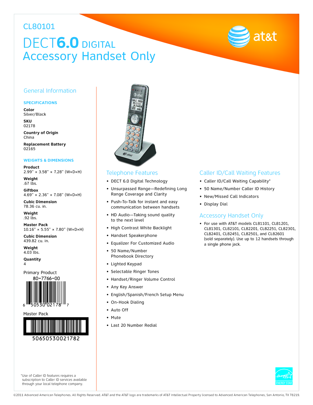 AT&T CL80101 specifications Accessory Handset Only, General Information, Telephone Features 