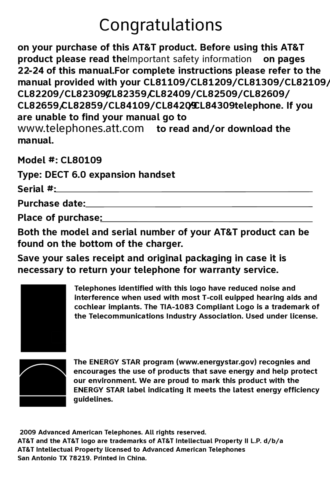 AT&T CL80109 user manual Congratulations 