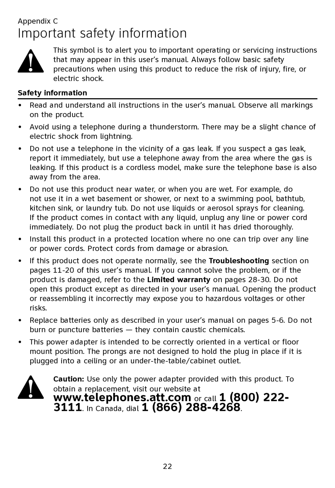 AT&T CL80109 user manual Important safety information, Safety information 