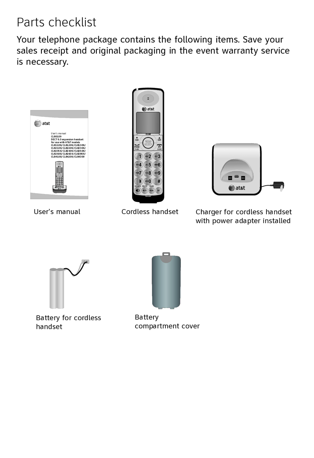 AT&T CL80109 user manual Parts checklist 