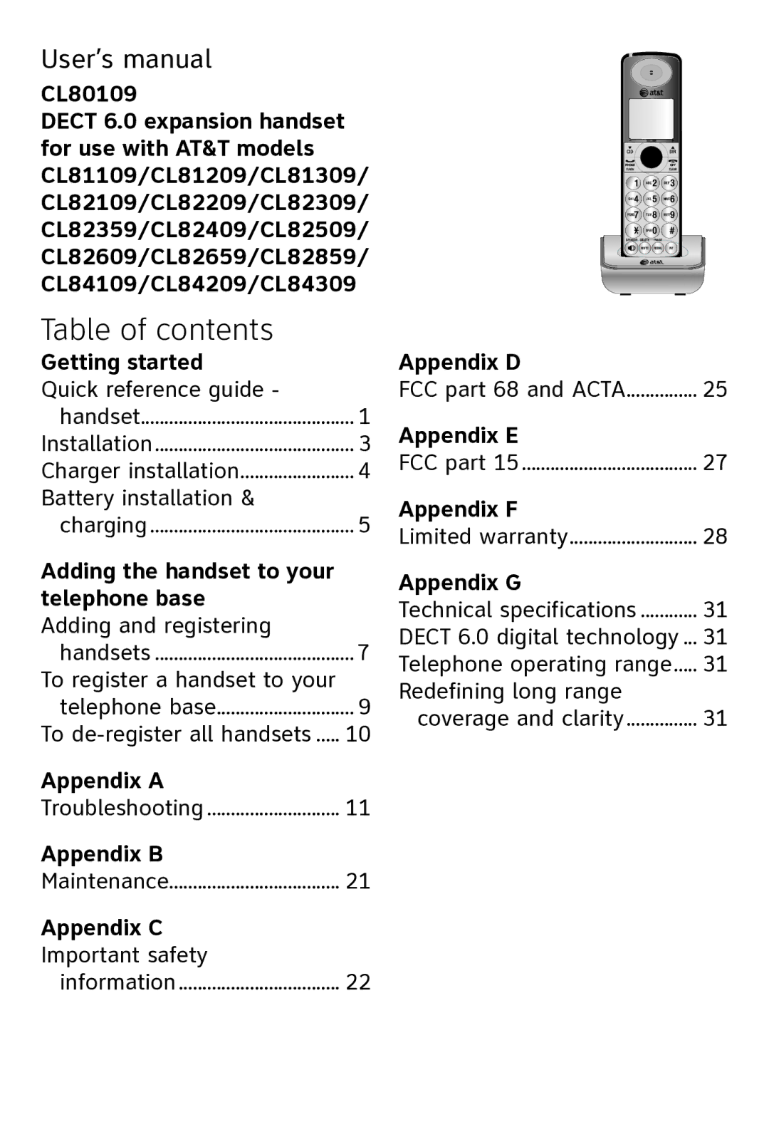 AT&T CL80109 user manual Table of contents 