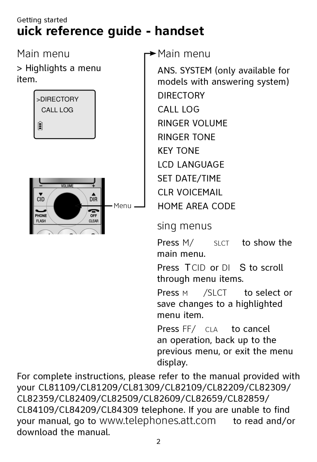 AT&T CL80109 user manual Using menus, Menu 