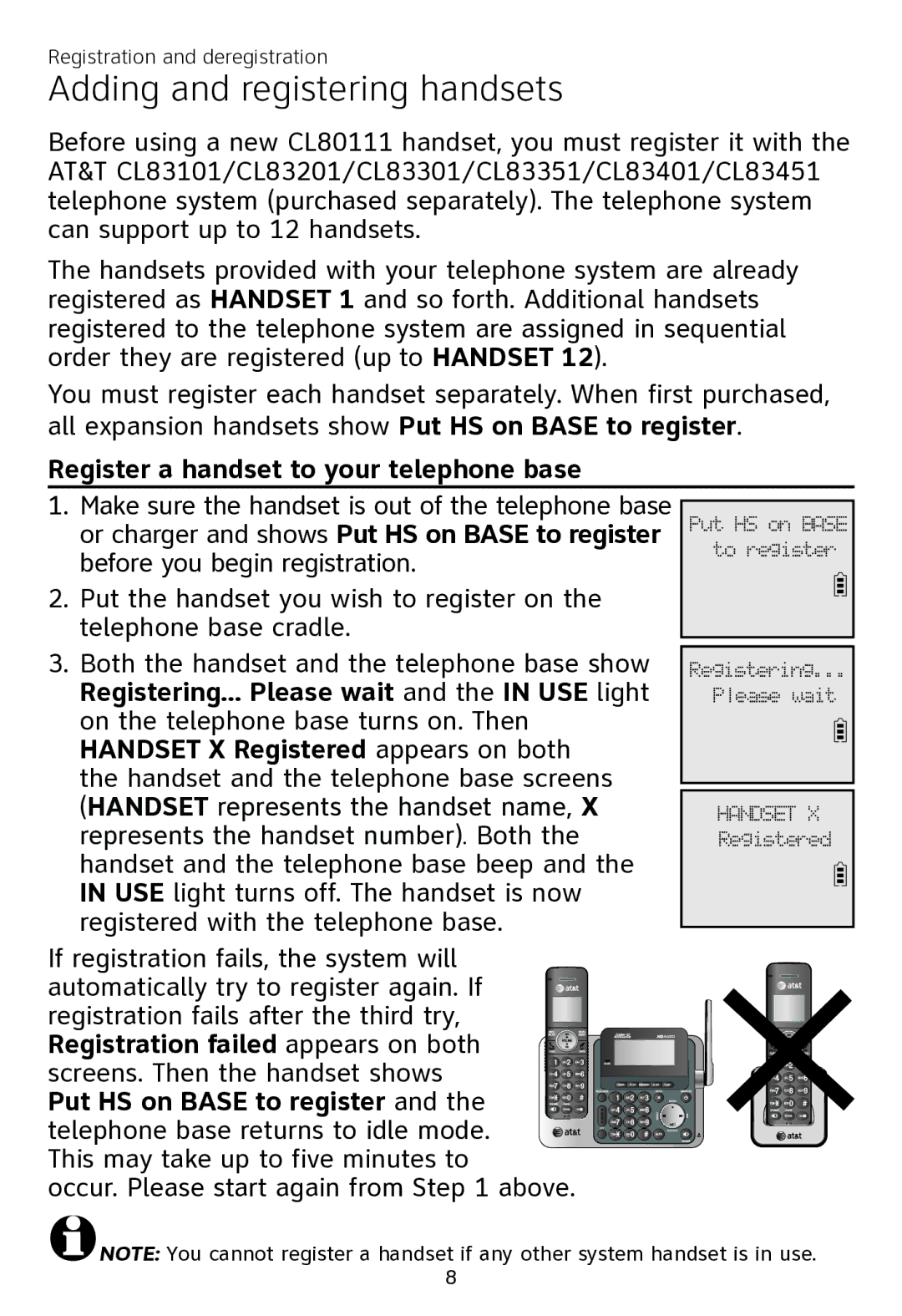 AT&T CL80111 user manual Adding and registering handsets 