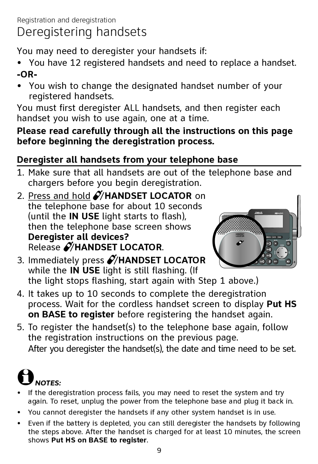 AT&T CL80111 Deregistering handsets, Press and hold /HANDSET Locator on, Deregister all devices?, Release /HANDSET Locator 