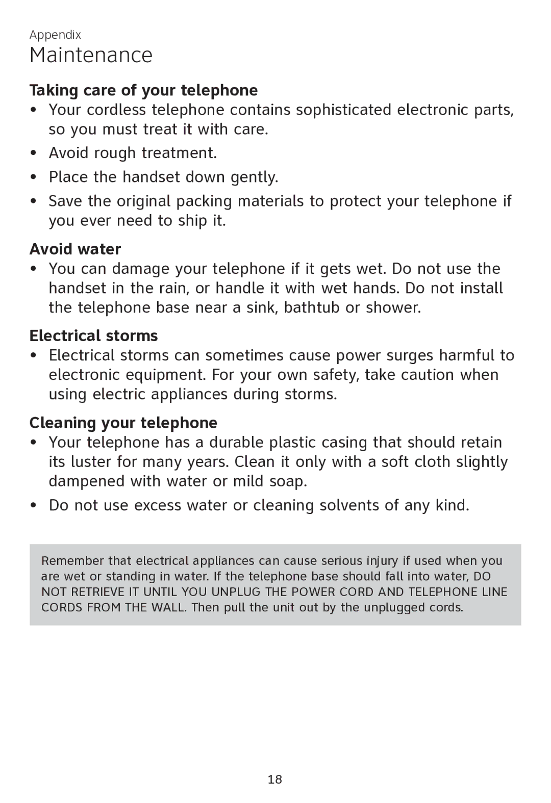 AT&T CL80111 Maintenance, Taking care of your telephone, Avoid water, Electrical storms, Cleaning your telephone 