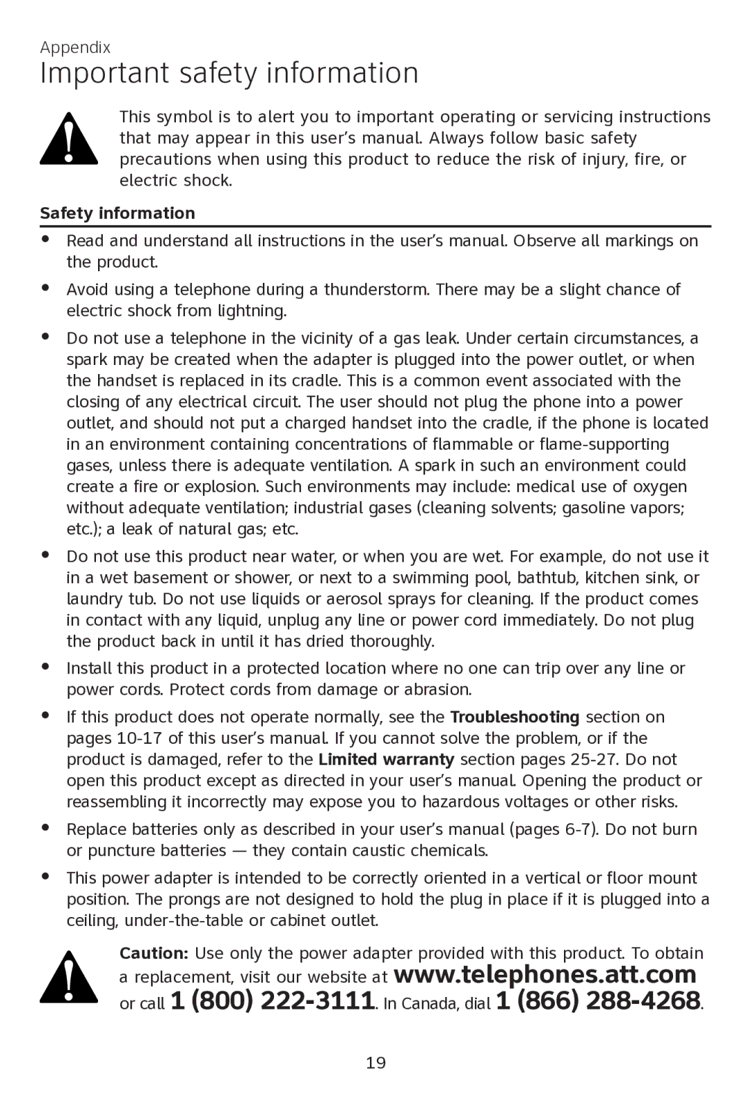 AT&T CL80111 user manual Important safety information, Safety information 