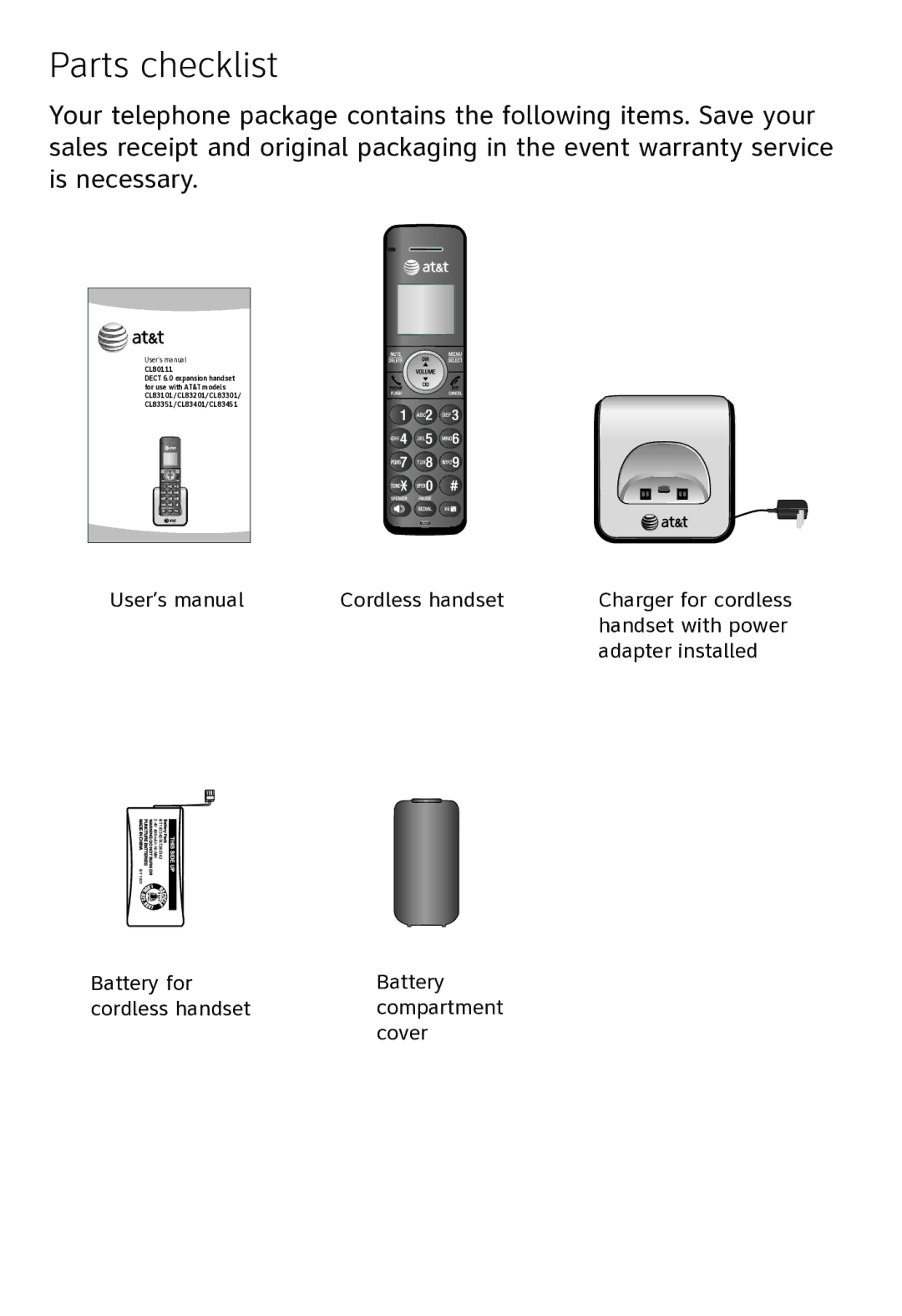 AT&T CL80111 user manual Parts checklist 