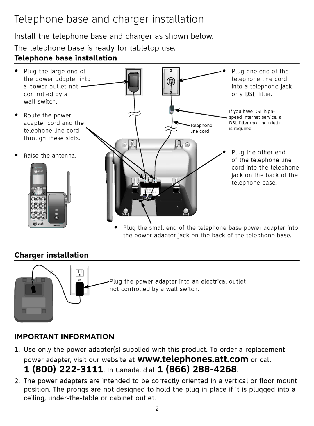 AT&T CL81211, CL81101 quick start Telephone base and charger installation, Telephone base installation, Charger installation 