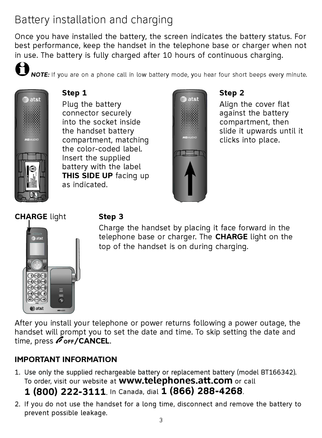 AT&T CL81101, CL81211 quick start Battery installation and charging, Charge light Step 