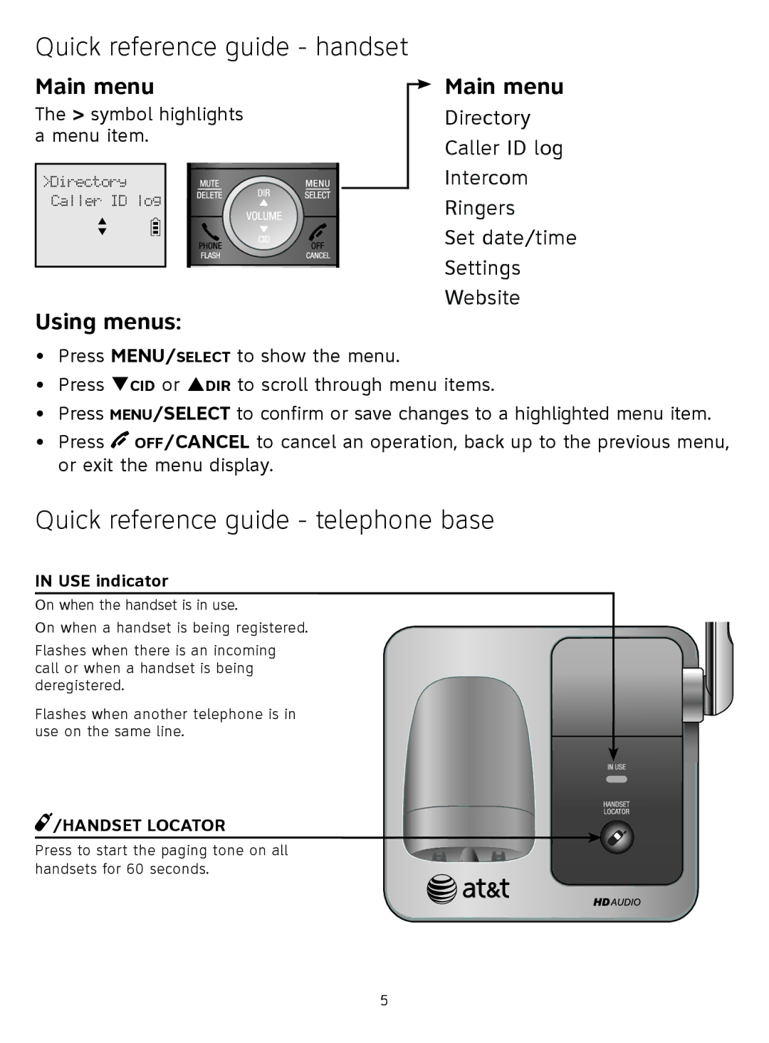 AT&T CL81101, CL81211 quick start Quick reference guide telephone base, Using menus Main menu 