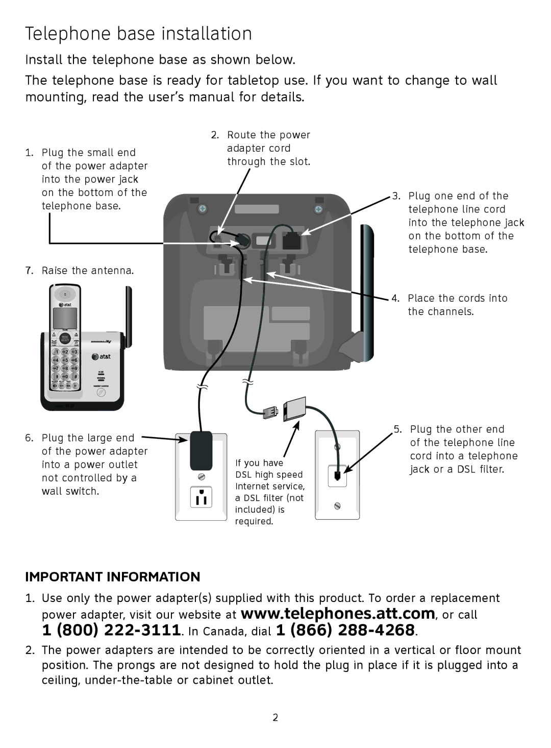 AT&T CL81309, CL81109 quick start Telephone base installation, 800 222-3111. In Canada, dial 1 866 