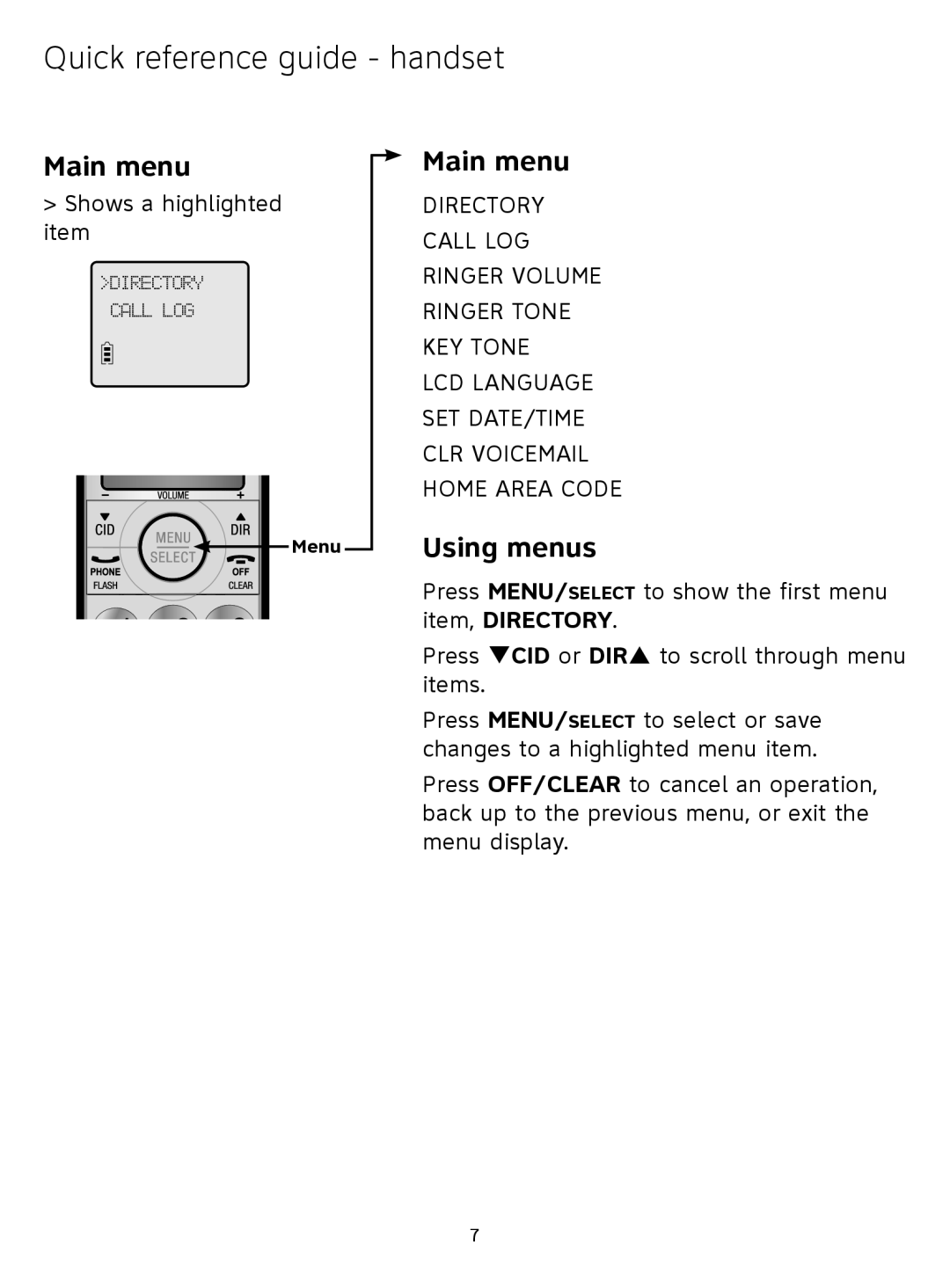 AT&T CL81109, CL81309 quick start Main menu, Using menus 