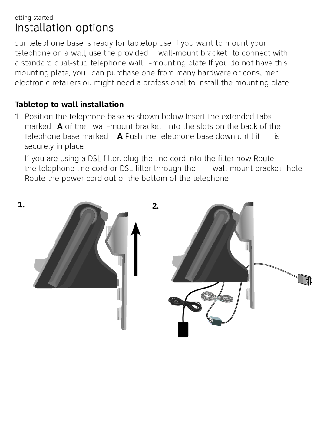 AT&T CL81209, CL81219 user manual Installation options, Tabletop to wall installation 