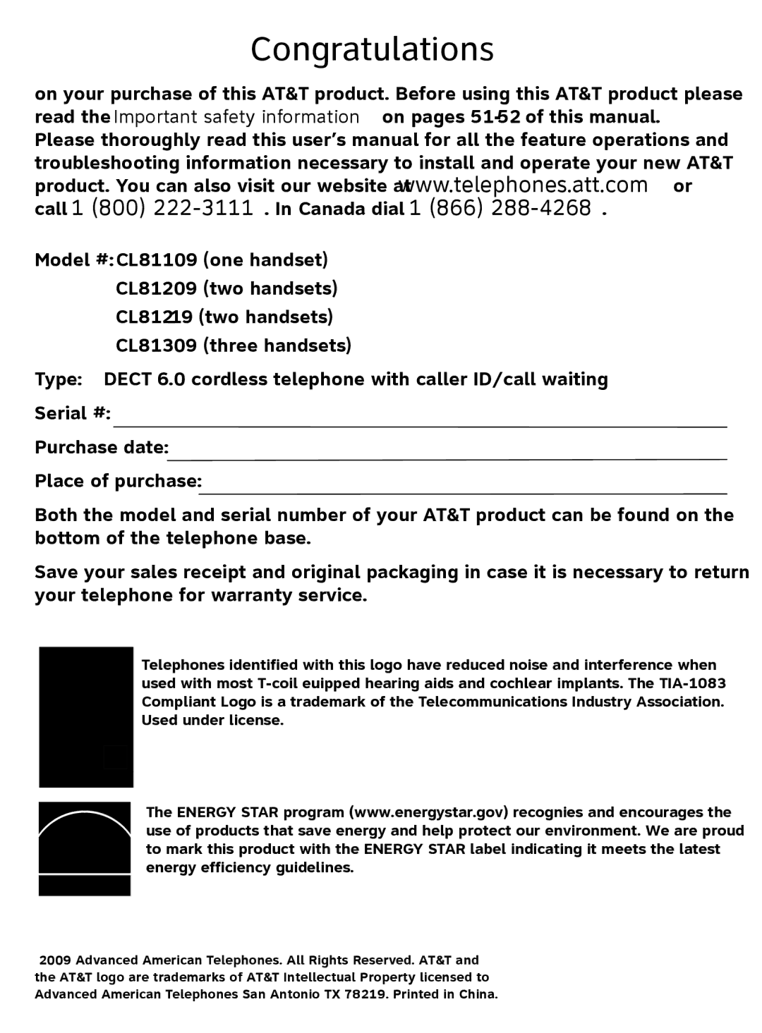 AT&T CL81209, CL81219 user manual Congratulations 