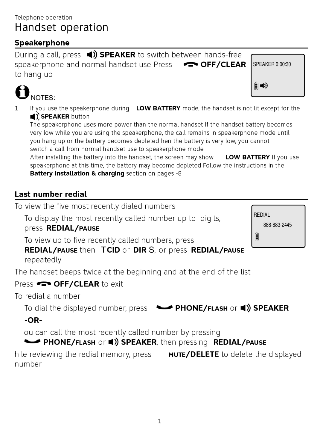 AT&T CL81209, CL81219 Handset operation, Speakerphone, Last number redial, Press OFF/CLEAR to exit. To redial a number 