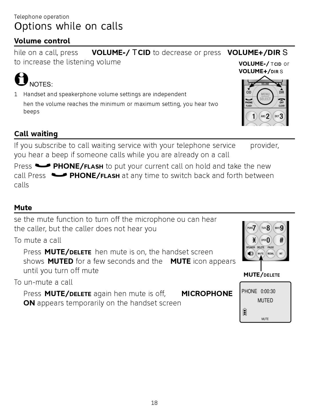 AT&T CL81219, CL81209 user manual Options while on calls, Volume control, Call waiting, Mute 