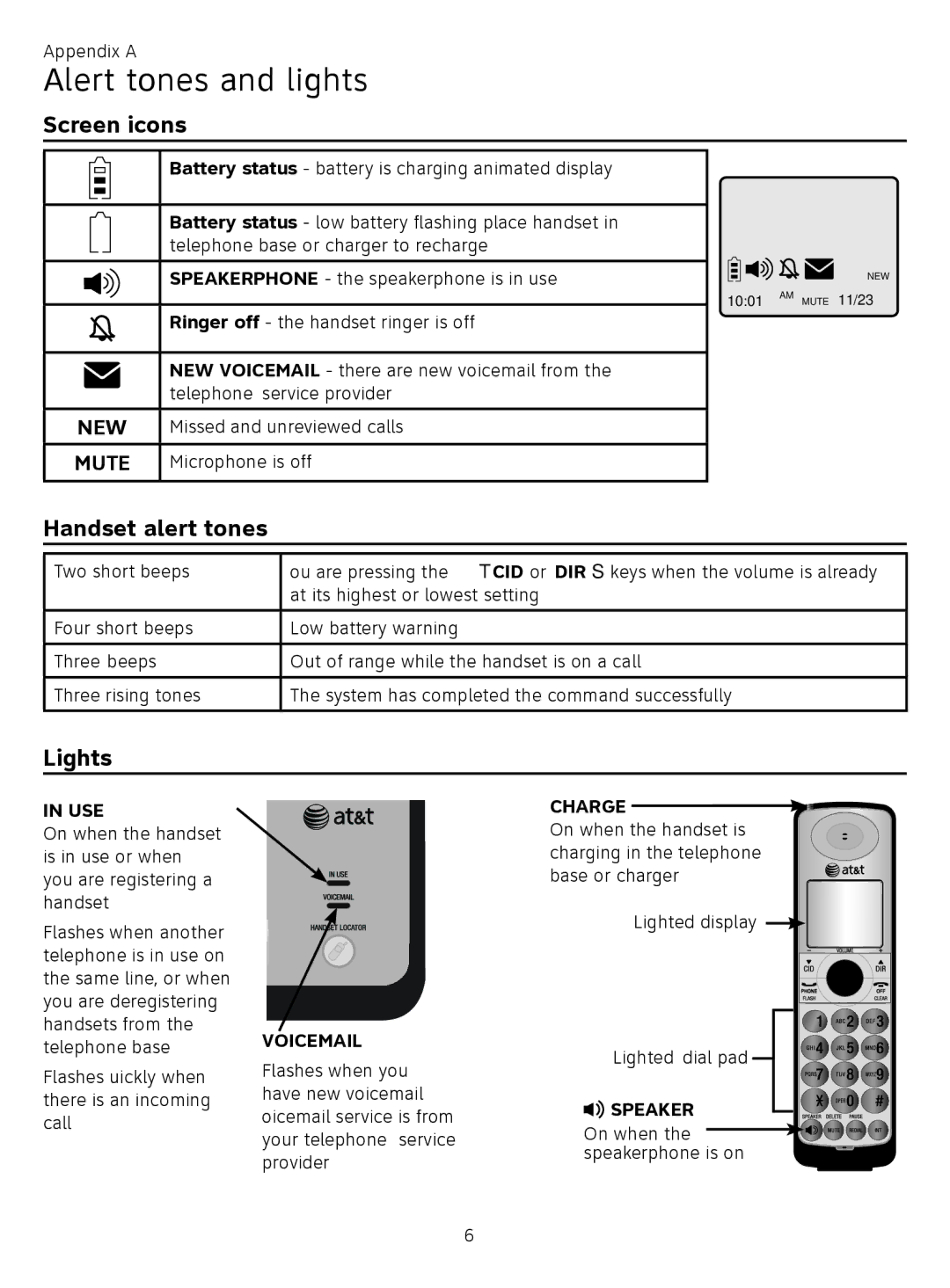 AT&T CL81219, CL81209 user manual Alert tones and lights, Screen icons, Handset alert tones, Lights 