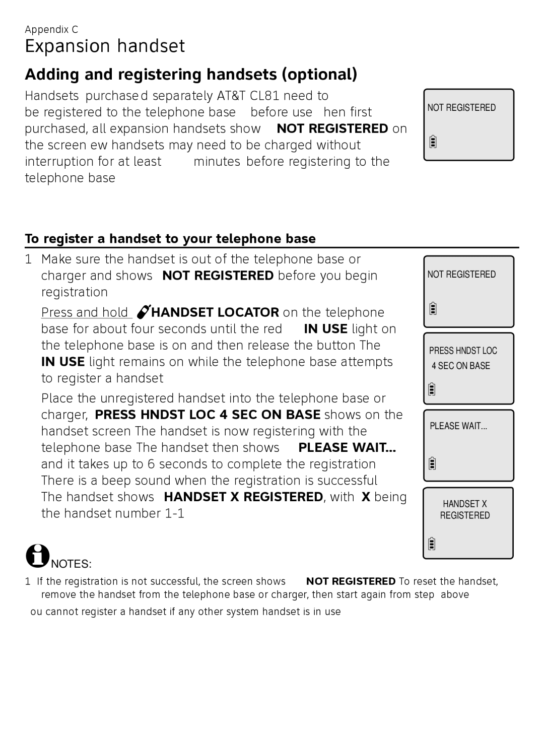 AT&T CL81219, CL81209 To register a handset to your telephone base, Charger, Press Hndst LOC 4 SEC on Base shows on 