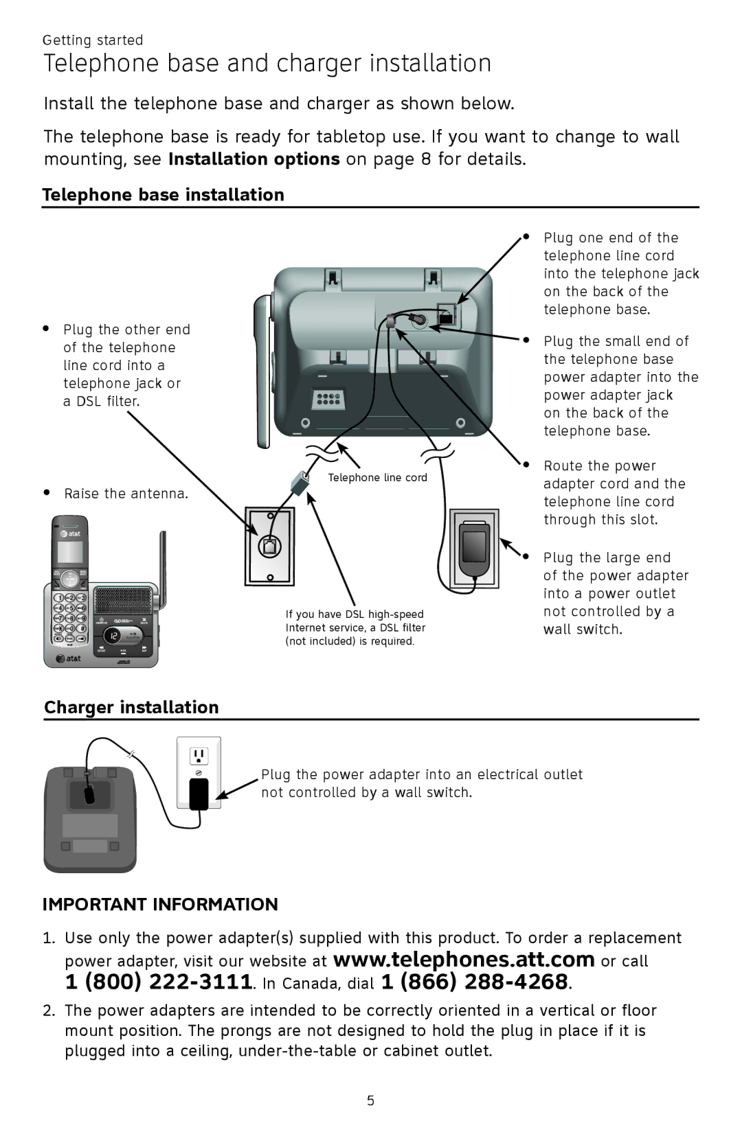 AT&T CL81301, CL82401, CL82601 Telephone base and charger installation, Telephone base installation, Charger installation 