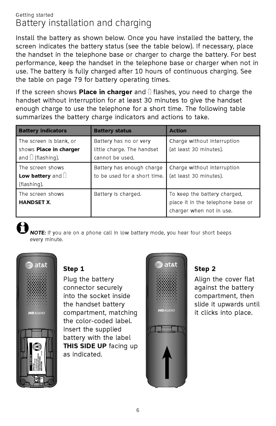 AT&T CL82401, CL82601, CL82101, CL81301 user manual Battery installation and charging, Step 