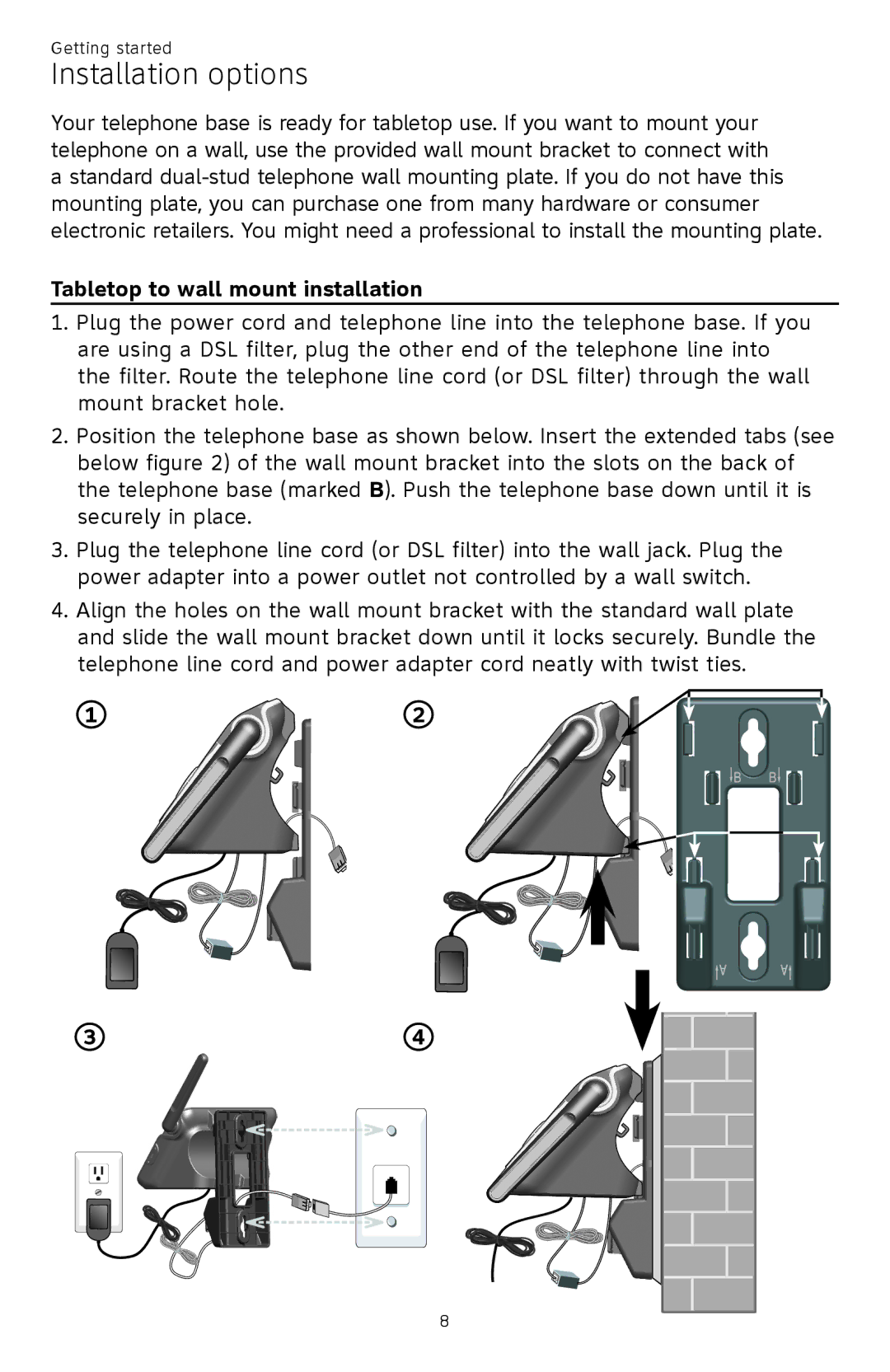 AT&T CL82101, CL82401, CL82601, CL81301 user manual Installation options, Tabletop to wall mount installation 