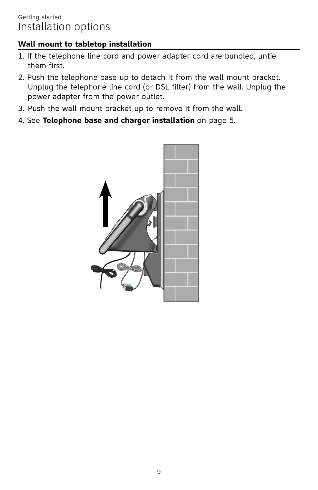 AT&T CL81301, CL82401, CL82601, CL82101 Wall mount to tabletop installation, See Telephone base and charger installation on 