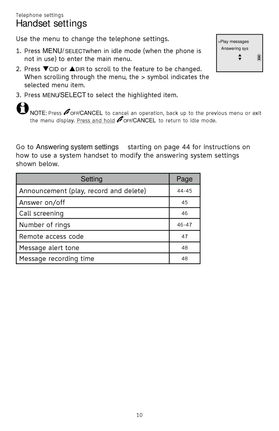 AT&T CL82401, CL82601, CL82101, CL81301 user manual Handset settings, Setting 