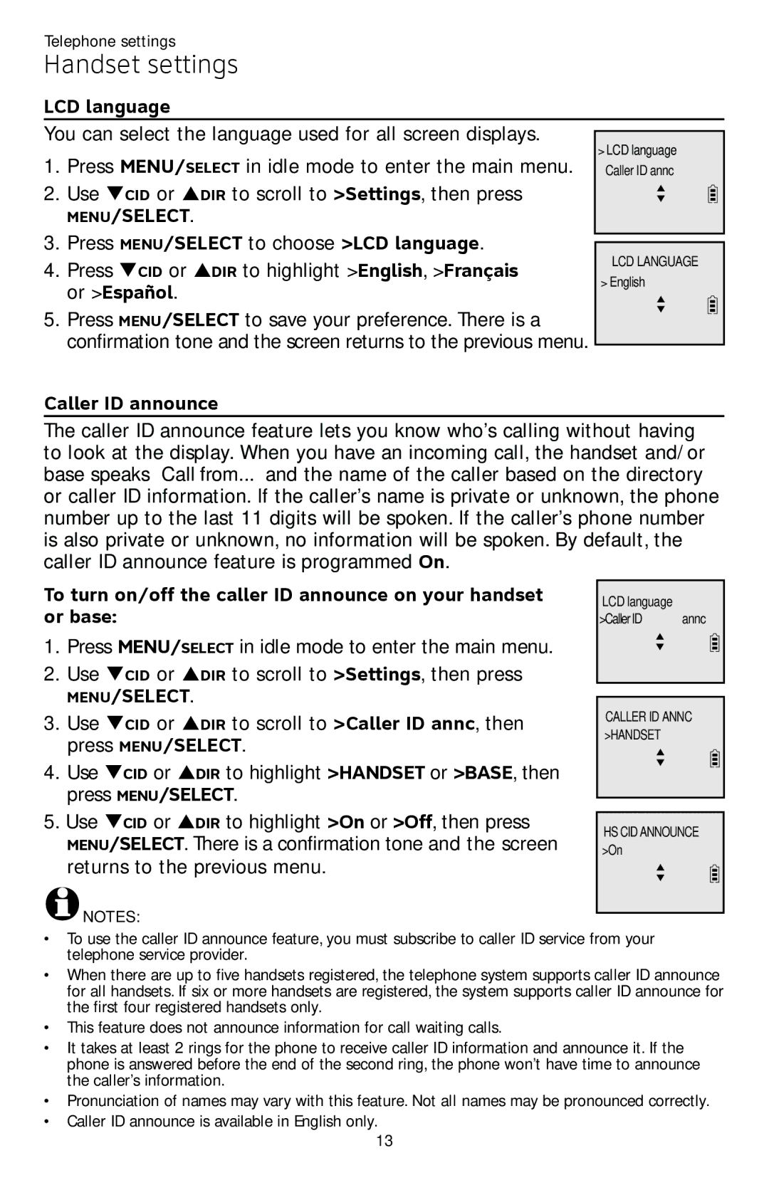 AT&T CL81301, CL82401, CL82601, CL82101 user manual Press MENU/SELECT to choose LCD language, Caller ID announce, Or base 