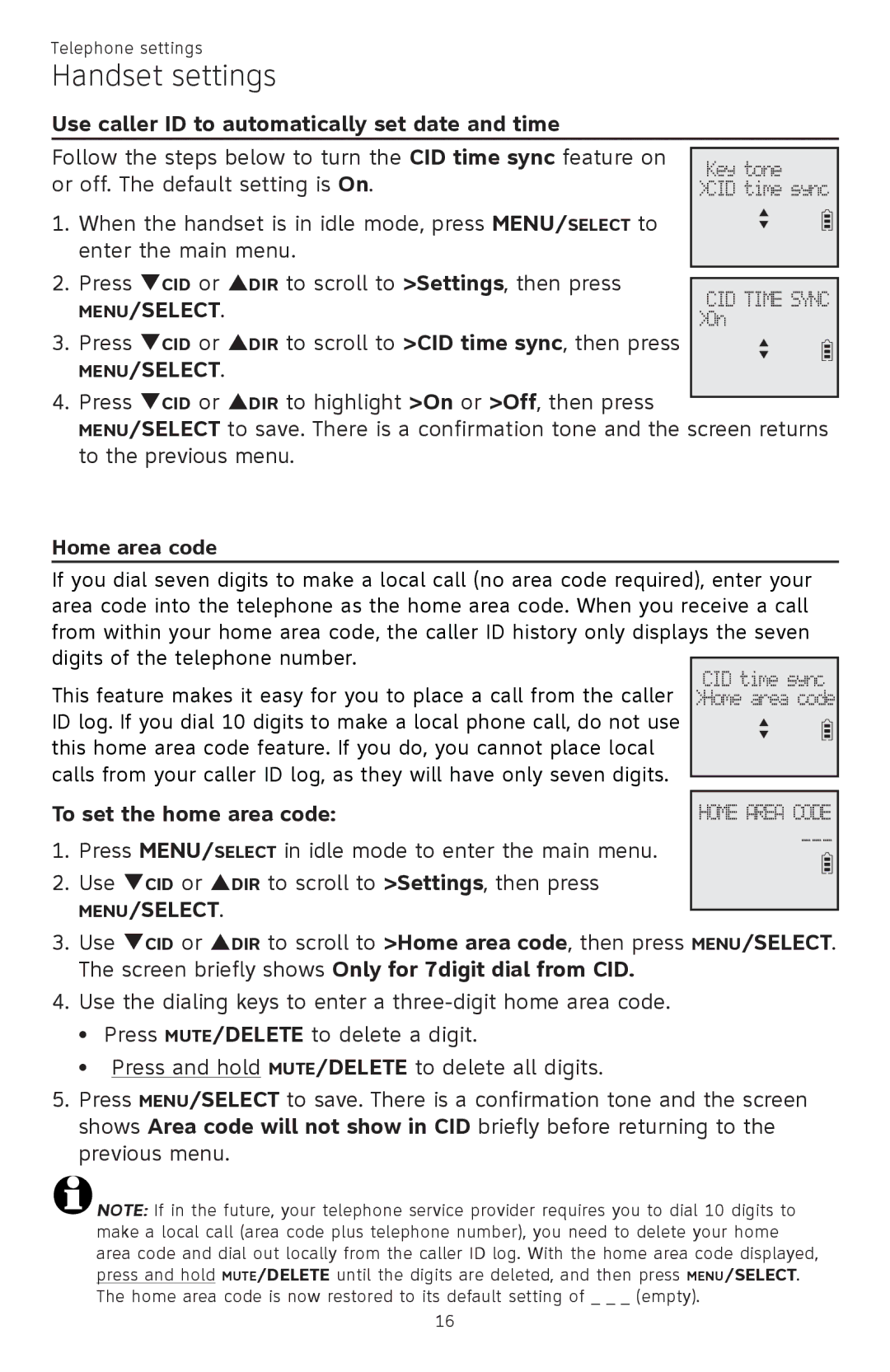 AT&T CL82101, CL82401, CL82601 Use caller ID to automatically set date and time, Home area code, To set the home area code 