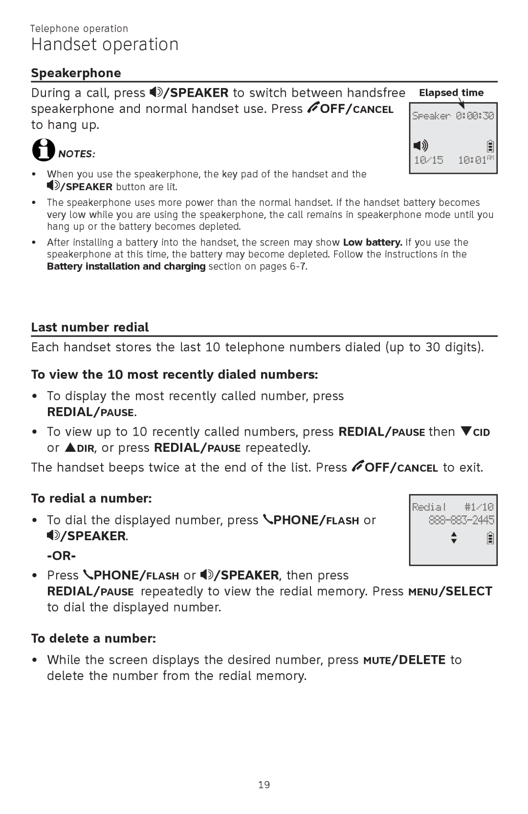 AT&T CL82601, CL82401 Speakerphone, Last number redial, To view the 10 most recently dialed numbers, To redial a number 