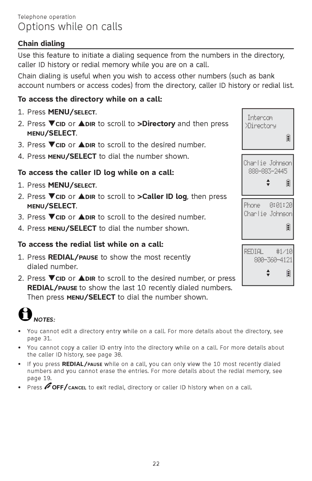 AT&T CL82401, CL82601 Chain dialing, To access the directory while on a call, To access the caller ID log while on a call 