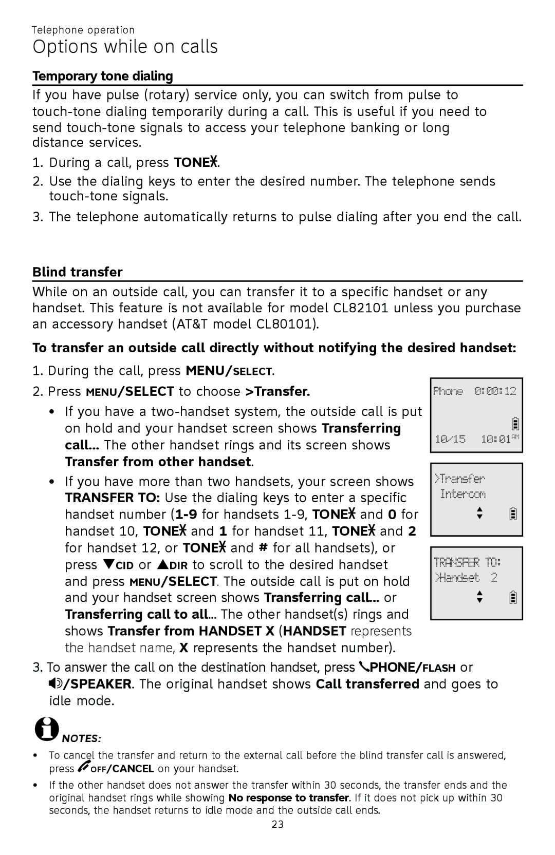 AT&T CL82601, CL82401, CL82101, CL81301 Temporary tone dialing, Blind transfer, Press MENU/SELECT to choose Transfer 