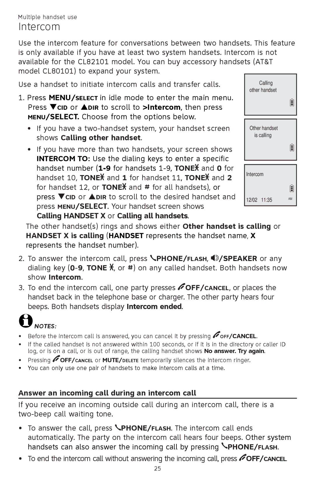 AT&T CL81301, CL82401, CL82601, CL82101 user manual Intercom, Answer an incoming call during an intercom call 