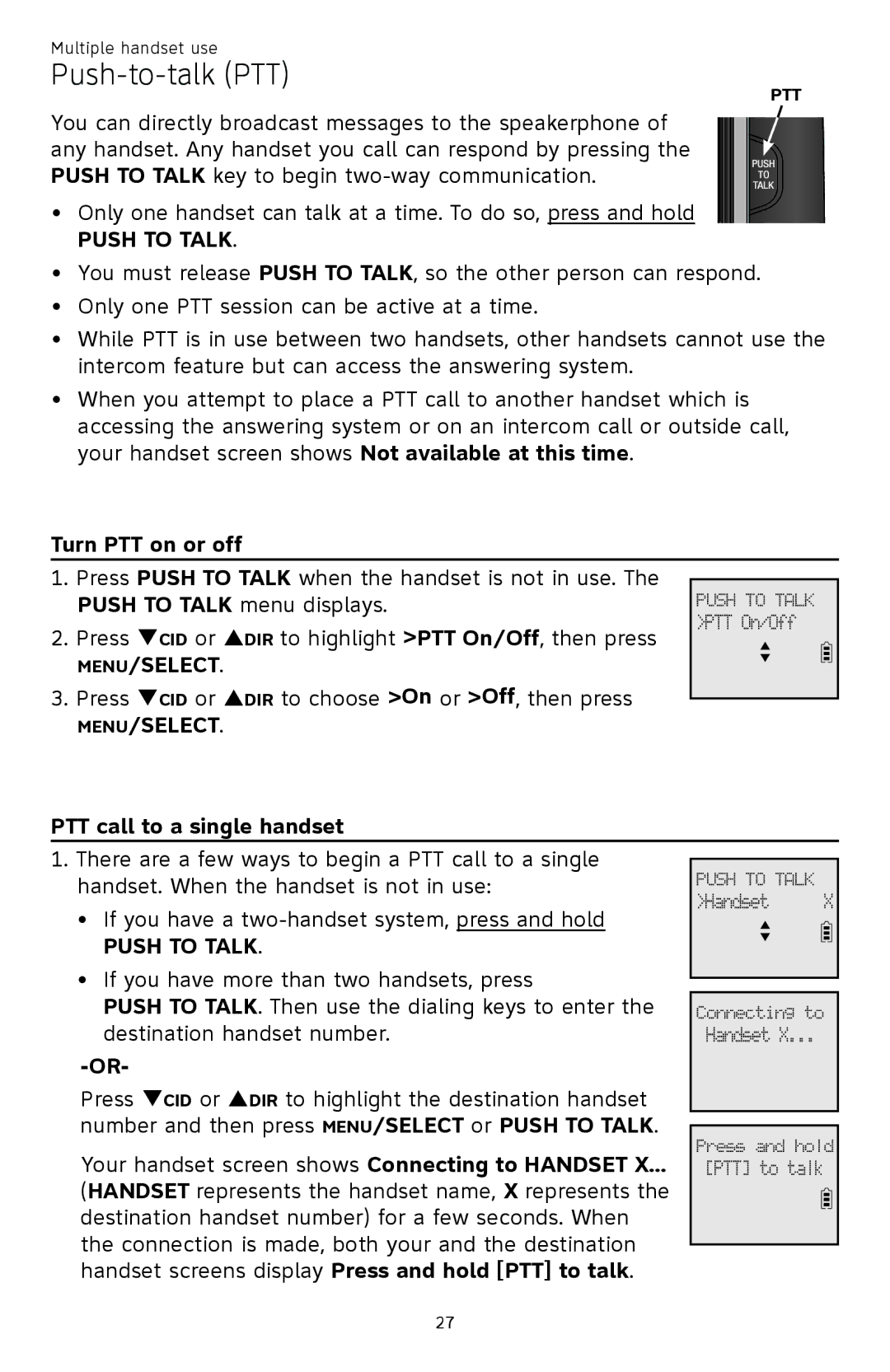 AT&T CL82601, CL82401, CL82101, CL81301 user manual Push-to-talk PTT, Turn PTT on or off, PTT call to a single handset 