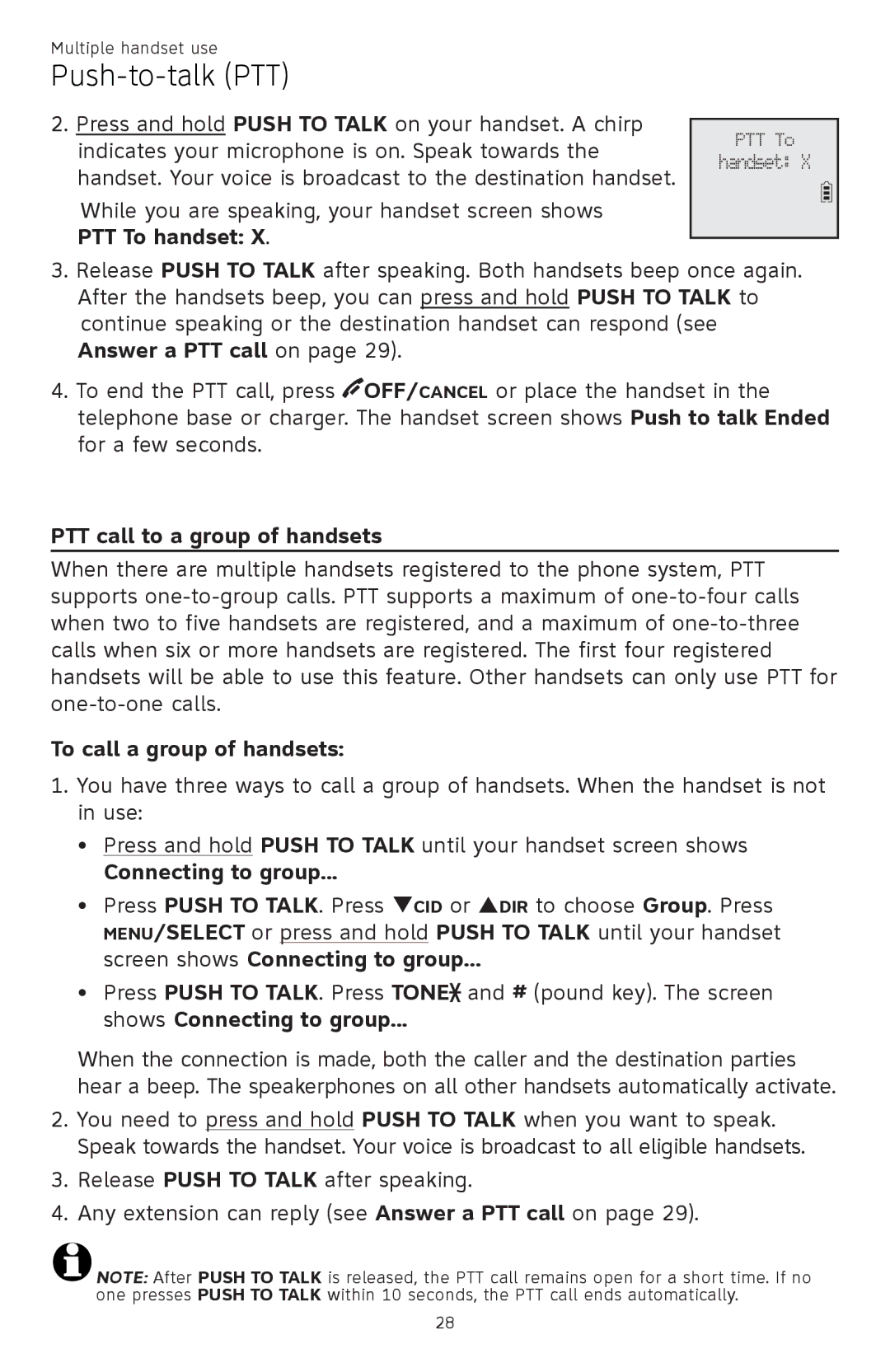 AT&T CL82101, CL82401, CL82601, CL81301 PTT call to a group of handsets, To call a group of handsets, Connecting to group 