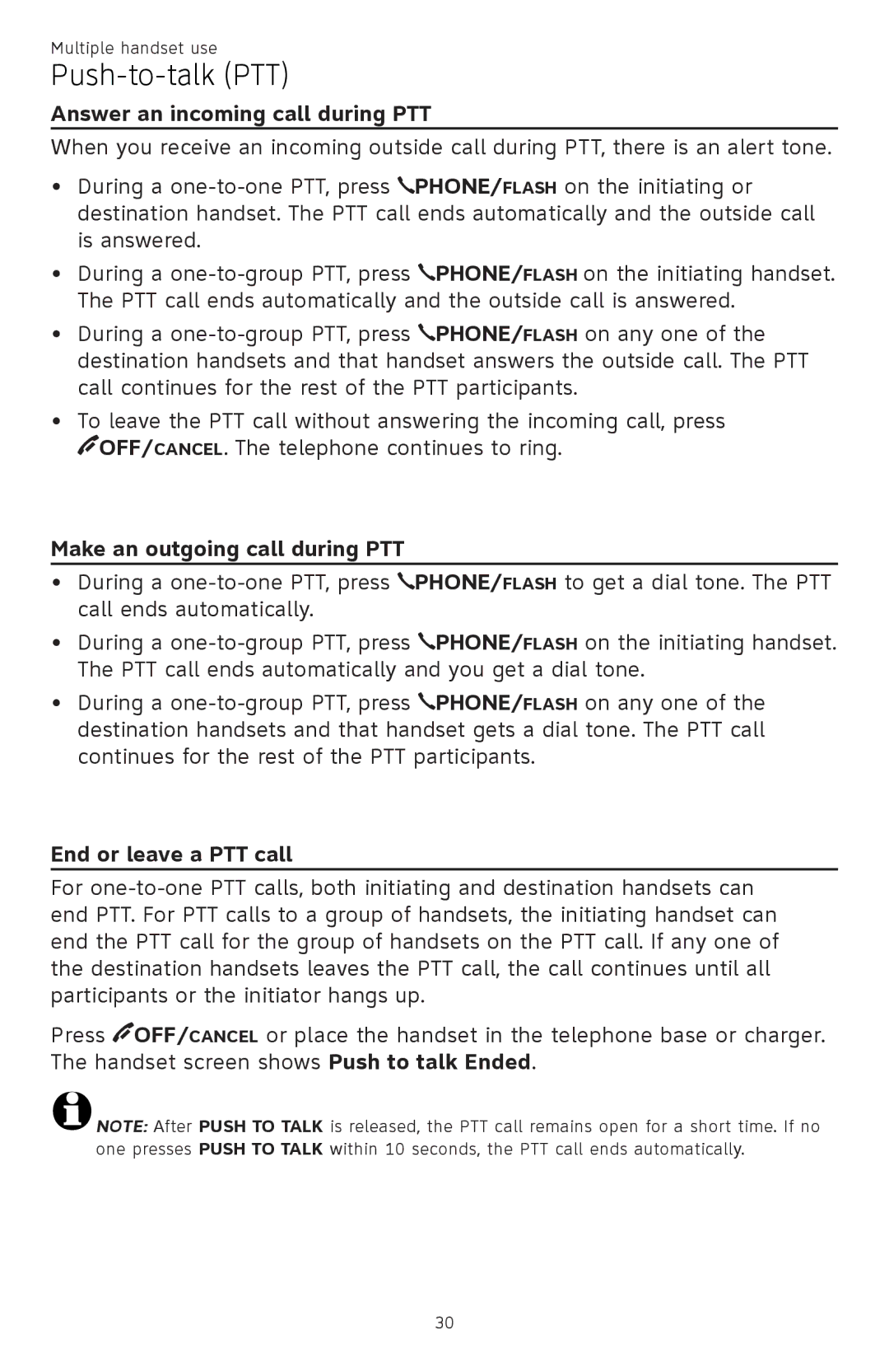 AT&T CL82401, CL82601 Answer an incoming call during PTT, Make an outgoing call during PTT, End or leave a PTT call 