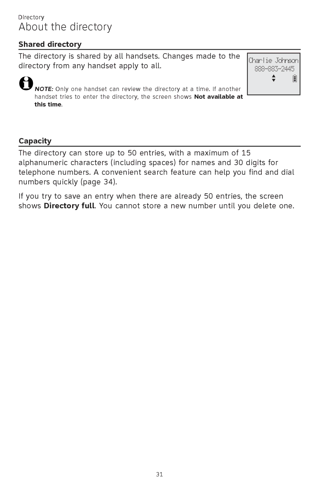 AT&T CL82601, CL82401, CL82101, CL81301 user manual About the directory, Shared directory, Capacity 