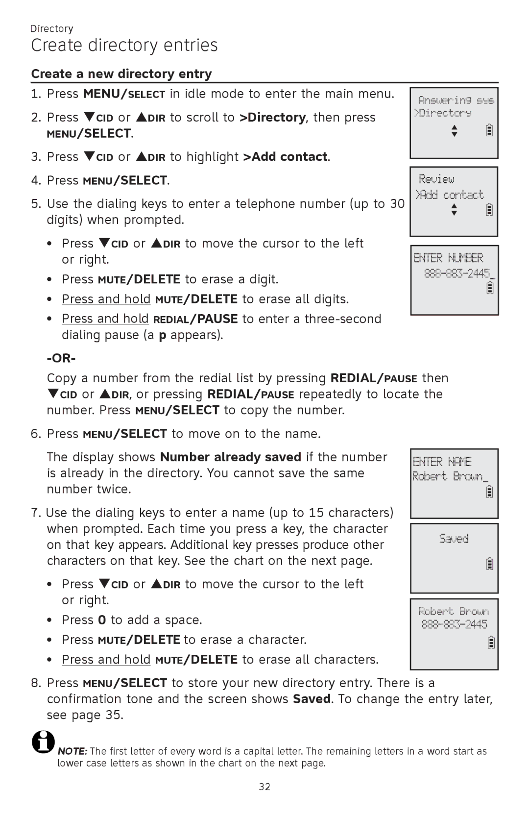 AT&T CL82101, CL82401, CL82601, CL81301 user manual Create directory entries, Create a new directory entry 